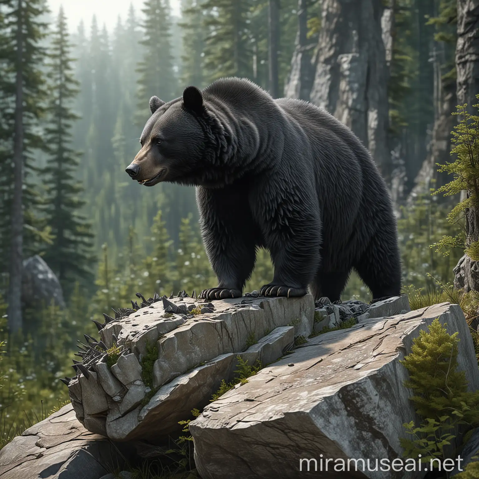 a black bear with stone spikes growing out of her back, spikey stone fur, forest background, photorealistic, ultra hd