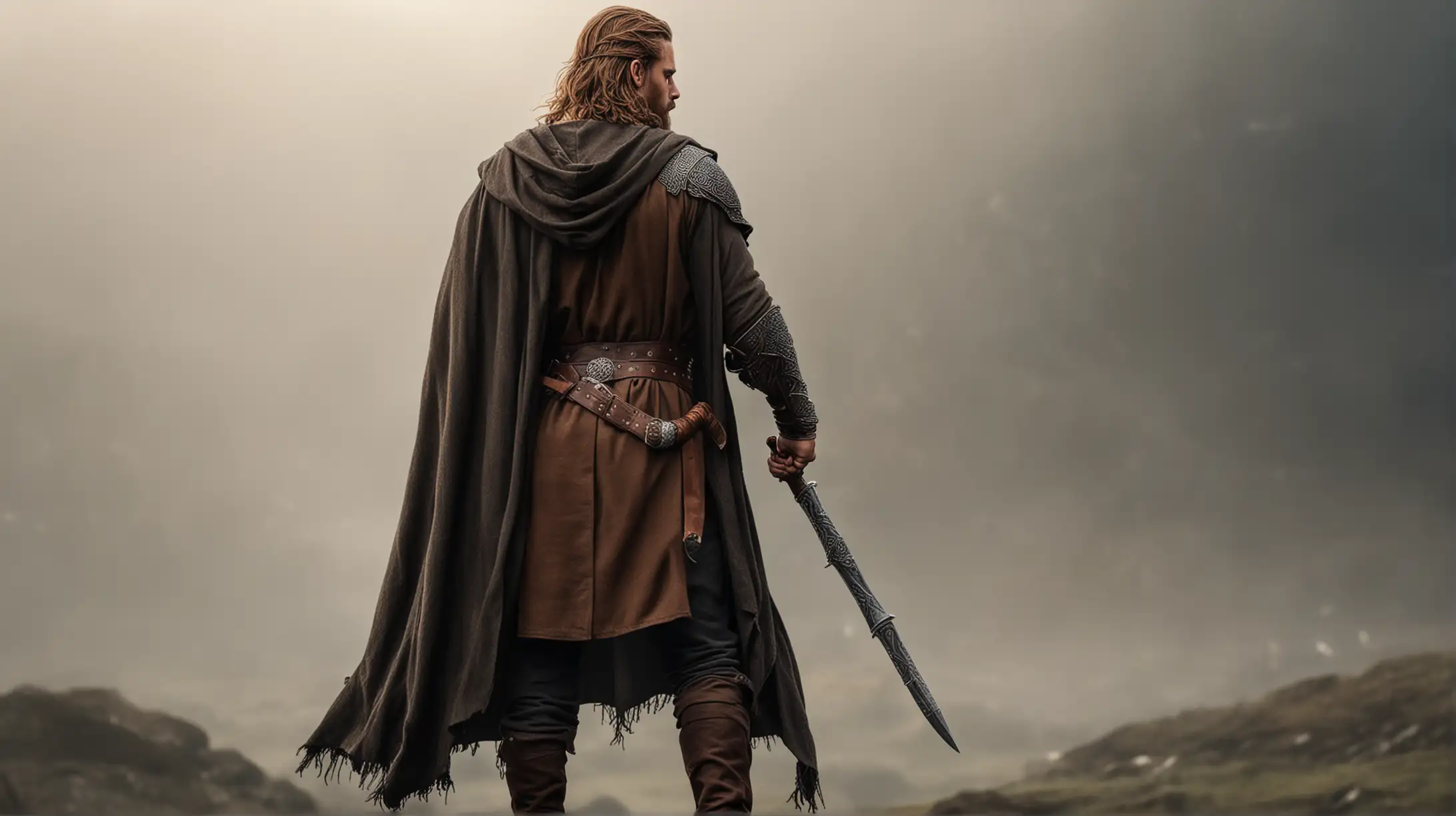 full back view of a beautiful viking man with brown medium length hair, full body, wearing pants and cloak, and holding sword, only the back of the person is shown, the person is looking toward the distance