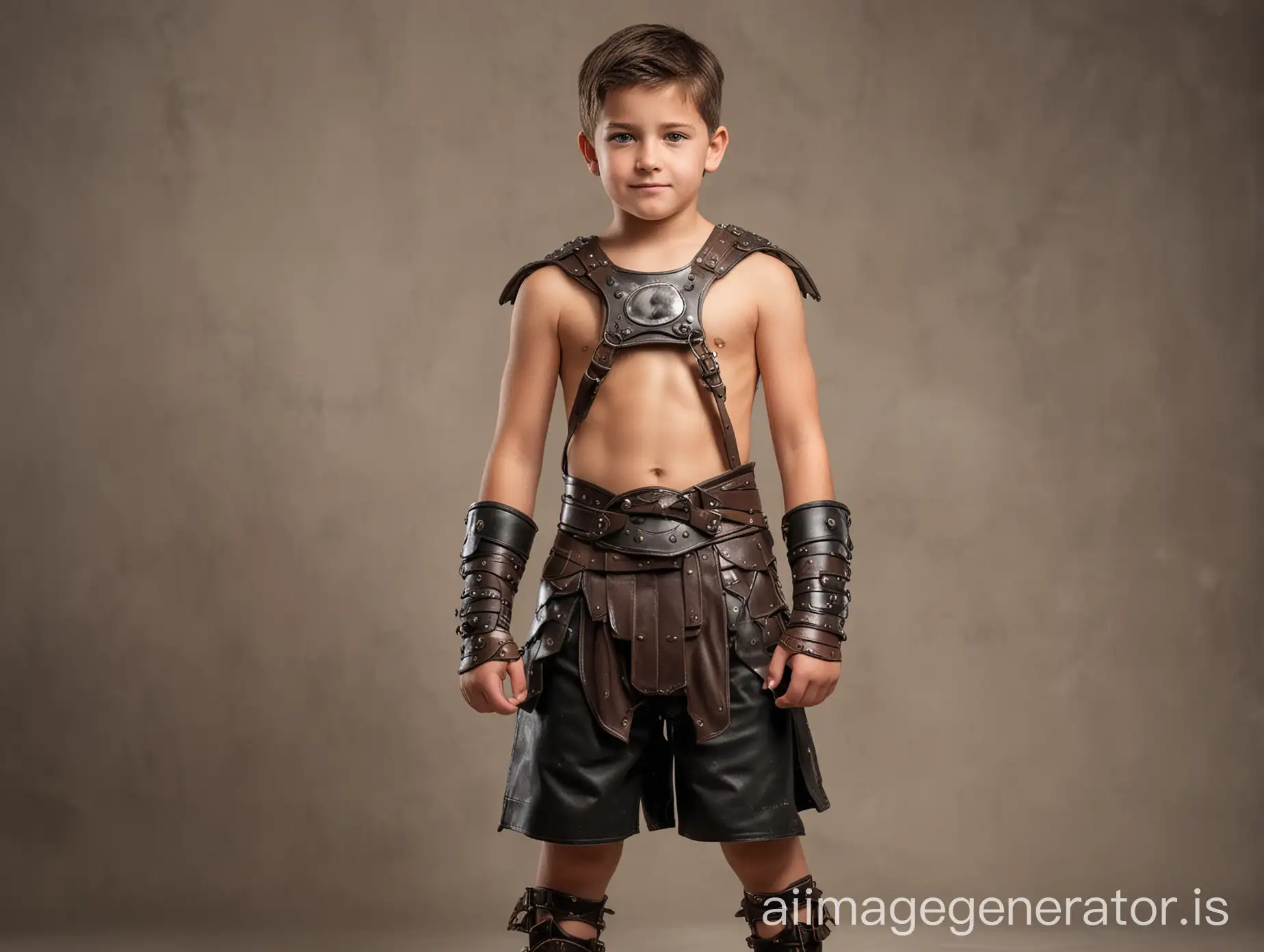 Create a gladiator outfit for a strong 13 year old boy villain with abs, cool,   leather,  metal underwear bikini,  comfortable yet intimidating, standing straight facing camera, full body, wearing gladiator sandals with straps