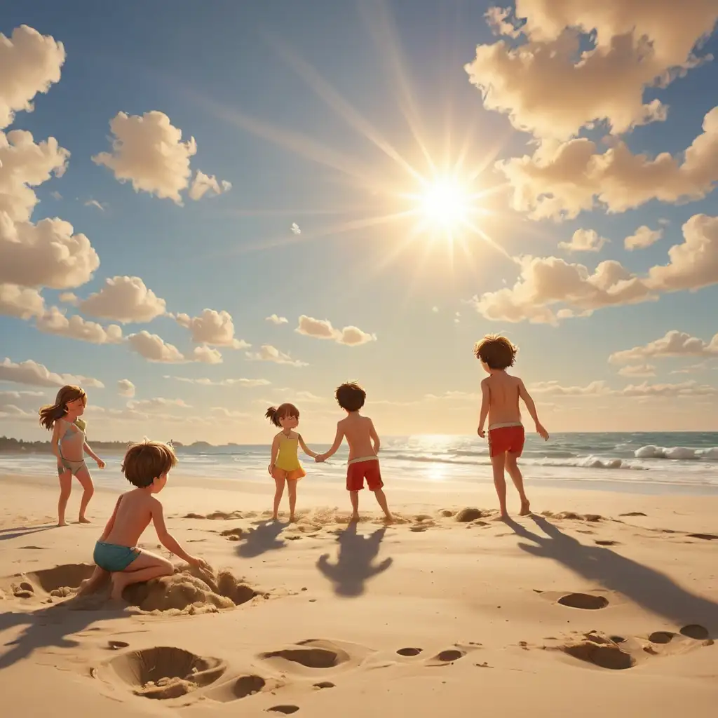 Cartoon Kids Playing on Sunny Beach
