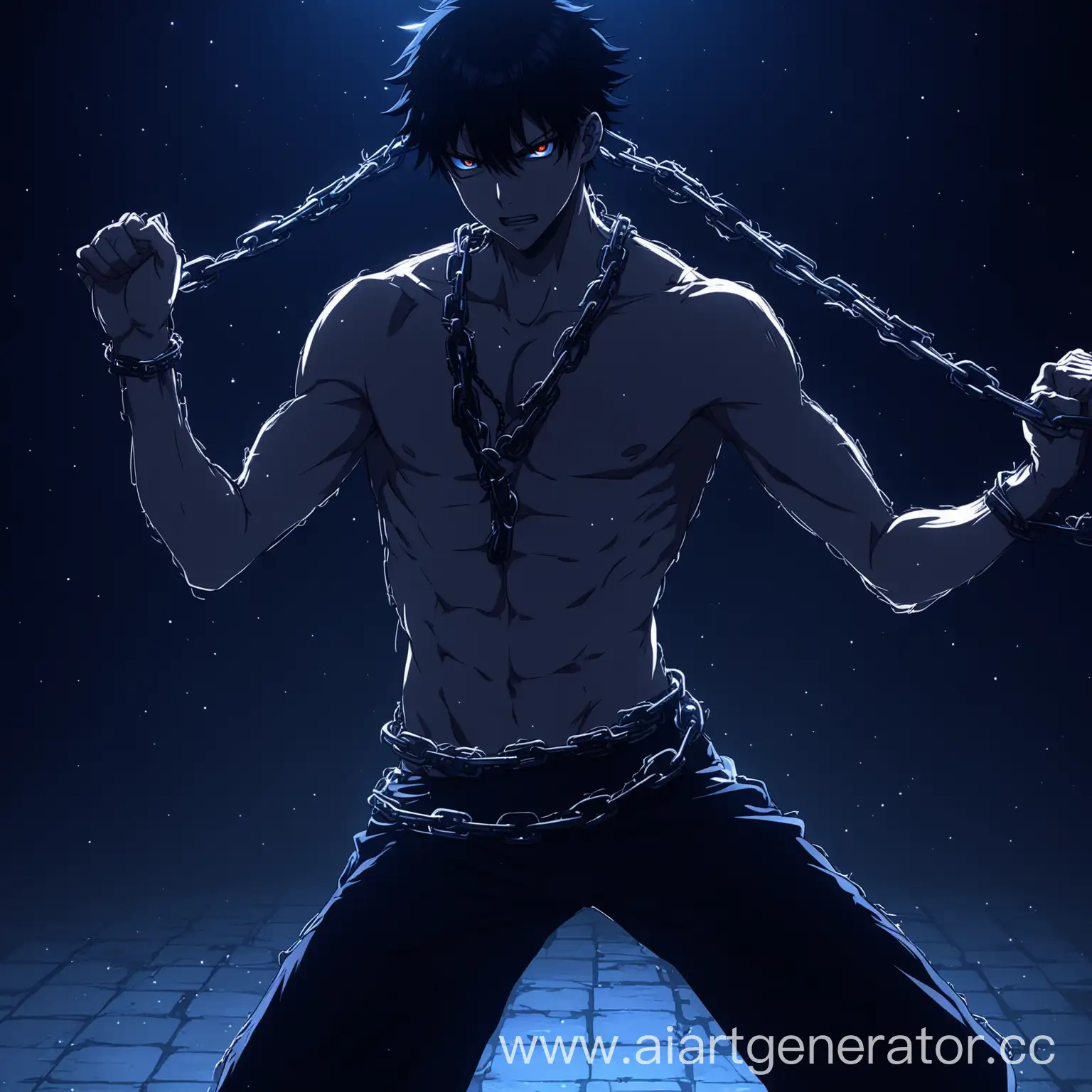 энергично танцующий аниме персонаж мужского пола  ночью в цепях 