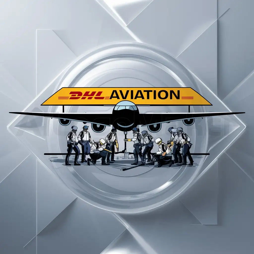 a logo design,with the text "DHL Aviation", main symbol:a futuristic DHL aviation setting, seen from above, is a plane standing horizontal with the name DHL Aviation on its roof, and securty guards and medics gathering for a search for explosives,complex,be used in Others industry,clear background