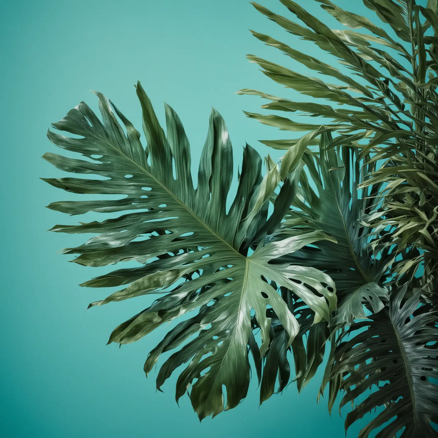three blue green tropical leaves in foreground, turquoise background