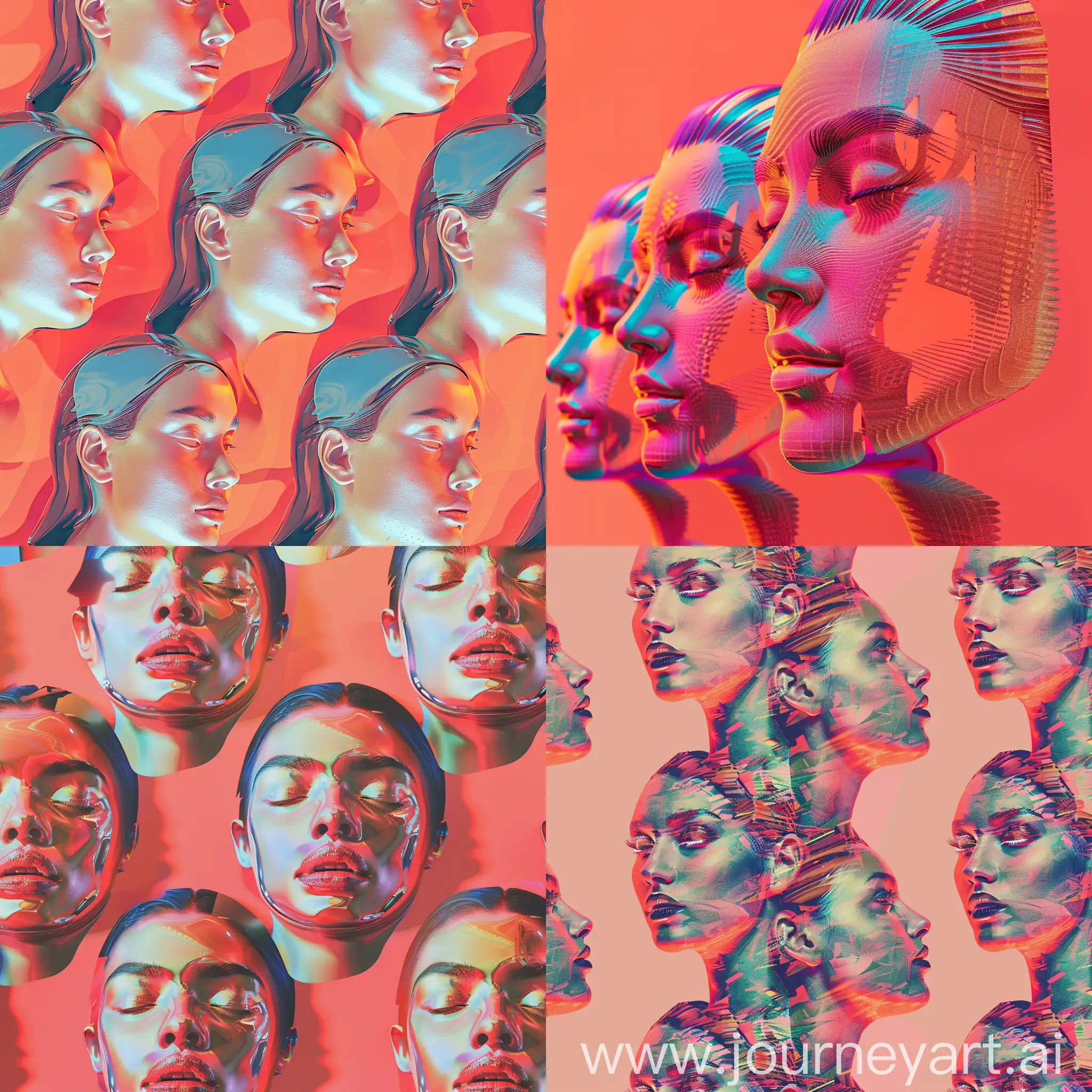 holographic female faces repeated pattern over a light-red background, hyper-realistic