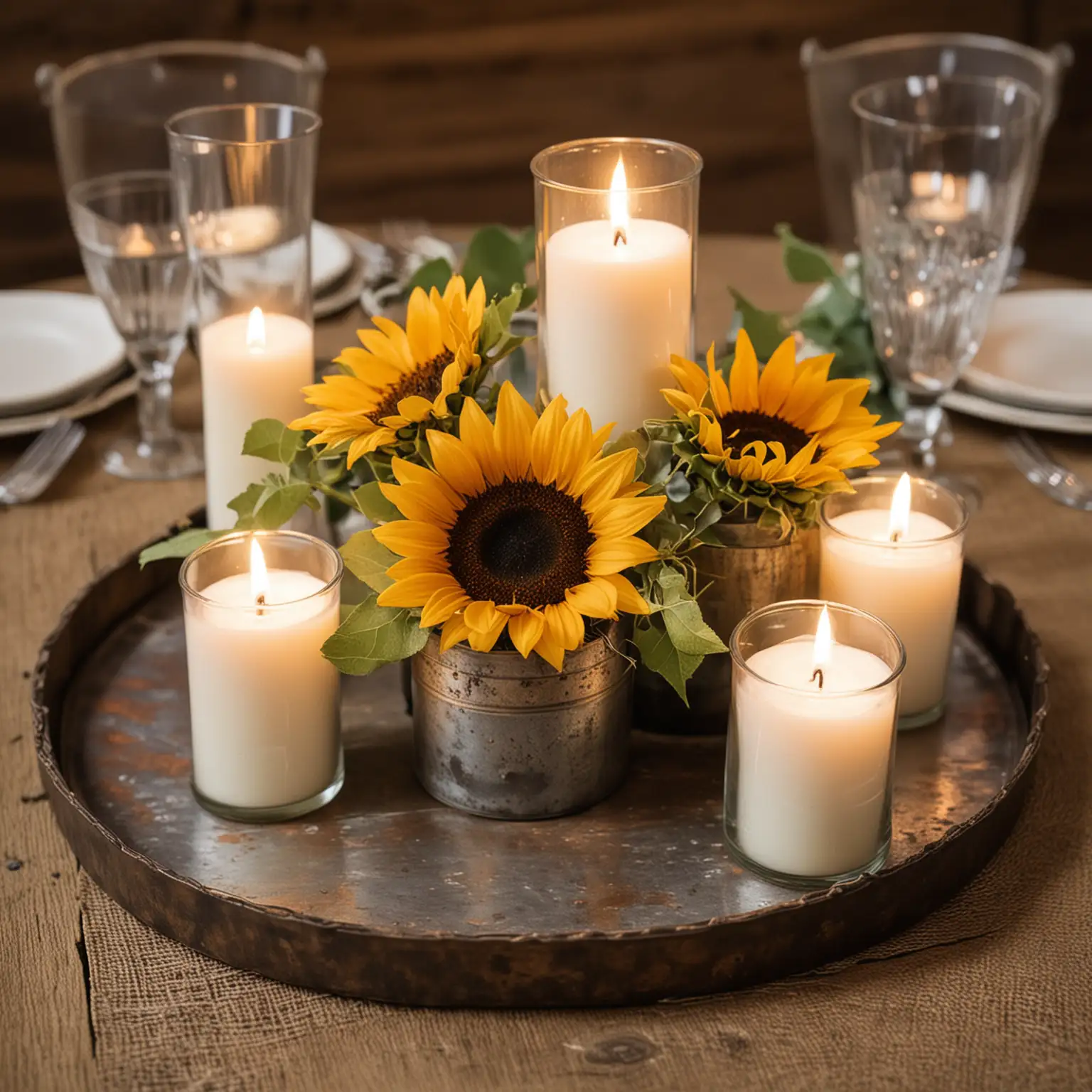 a rustic wedding centerpiece using a rustic and old small round metal tray that is about 6" in diameter and looks very worn, with sunflower blossoms without stems on top and surrounding votive candles