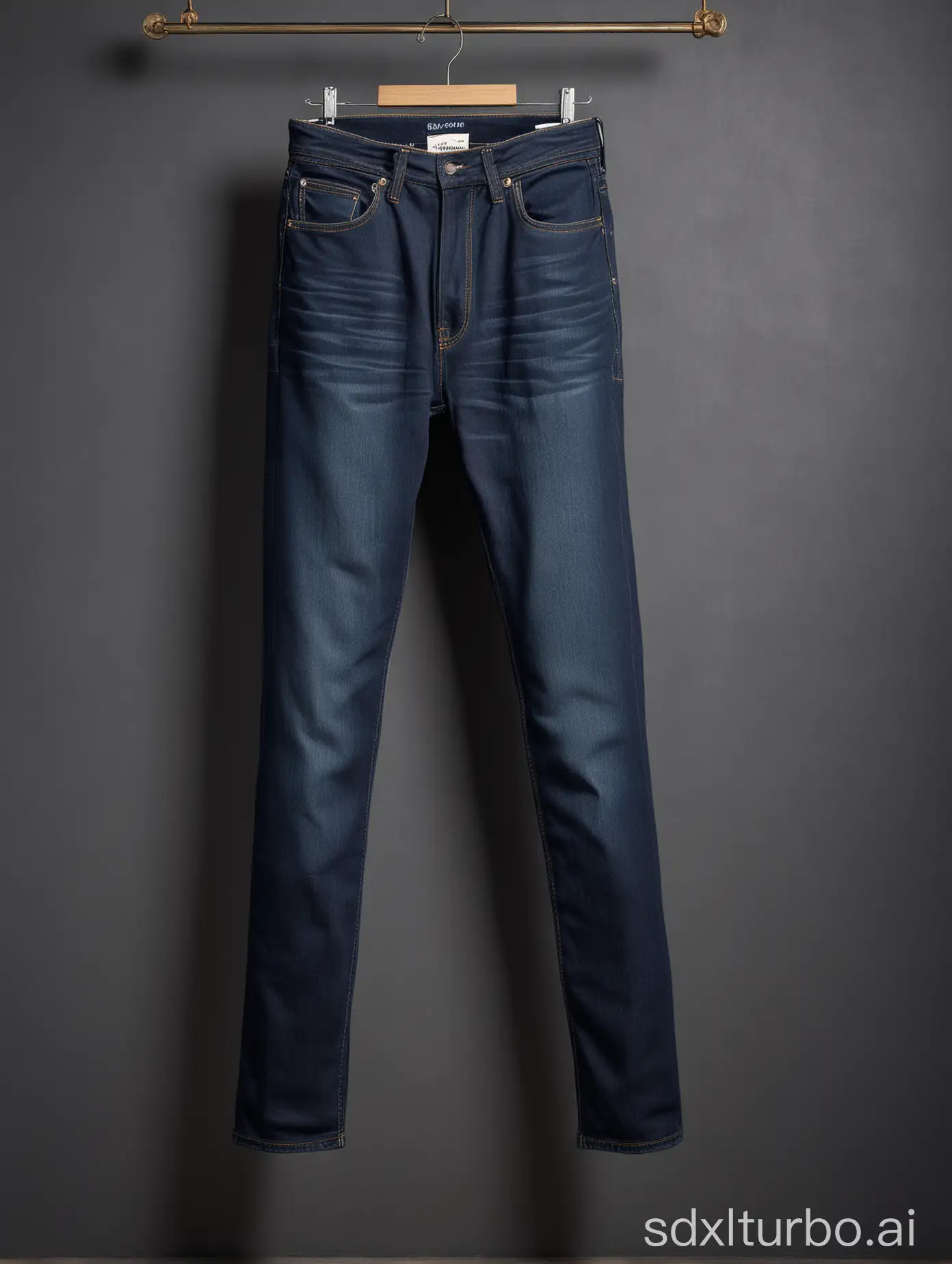 A pair of dark blue, slim-fit jeans hanging on a clothes rack. The jeans are made of a soft, stretchy denim and have a classic five-pocket design. They are perfect for a night out on the town or a casual day at the office.