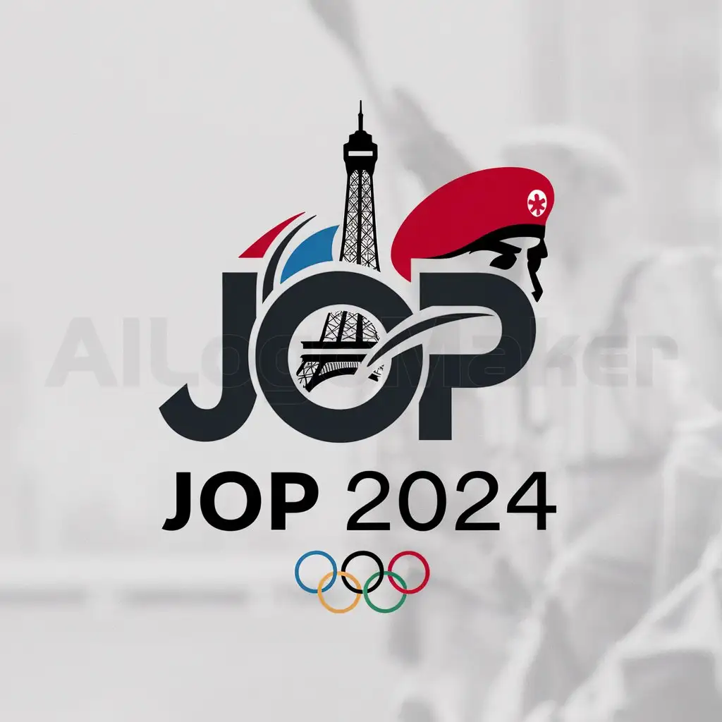 a logo design,with the text "JOP 2024", main symbol:Logo JO, Tour Eiffel, Armée, Beret Rouge,Moderate,be used in Sports Fitness industry,clear background