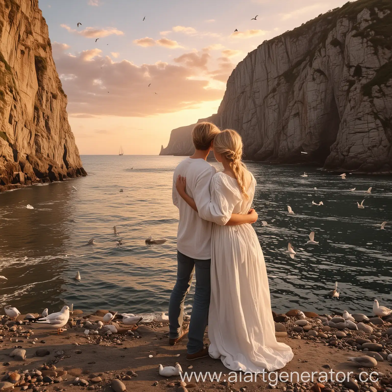 Romantic-Couple-Embracing-on-Beach-at-Sunset-with-Sailing-Ship-and-Seagulls