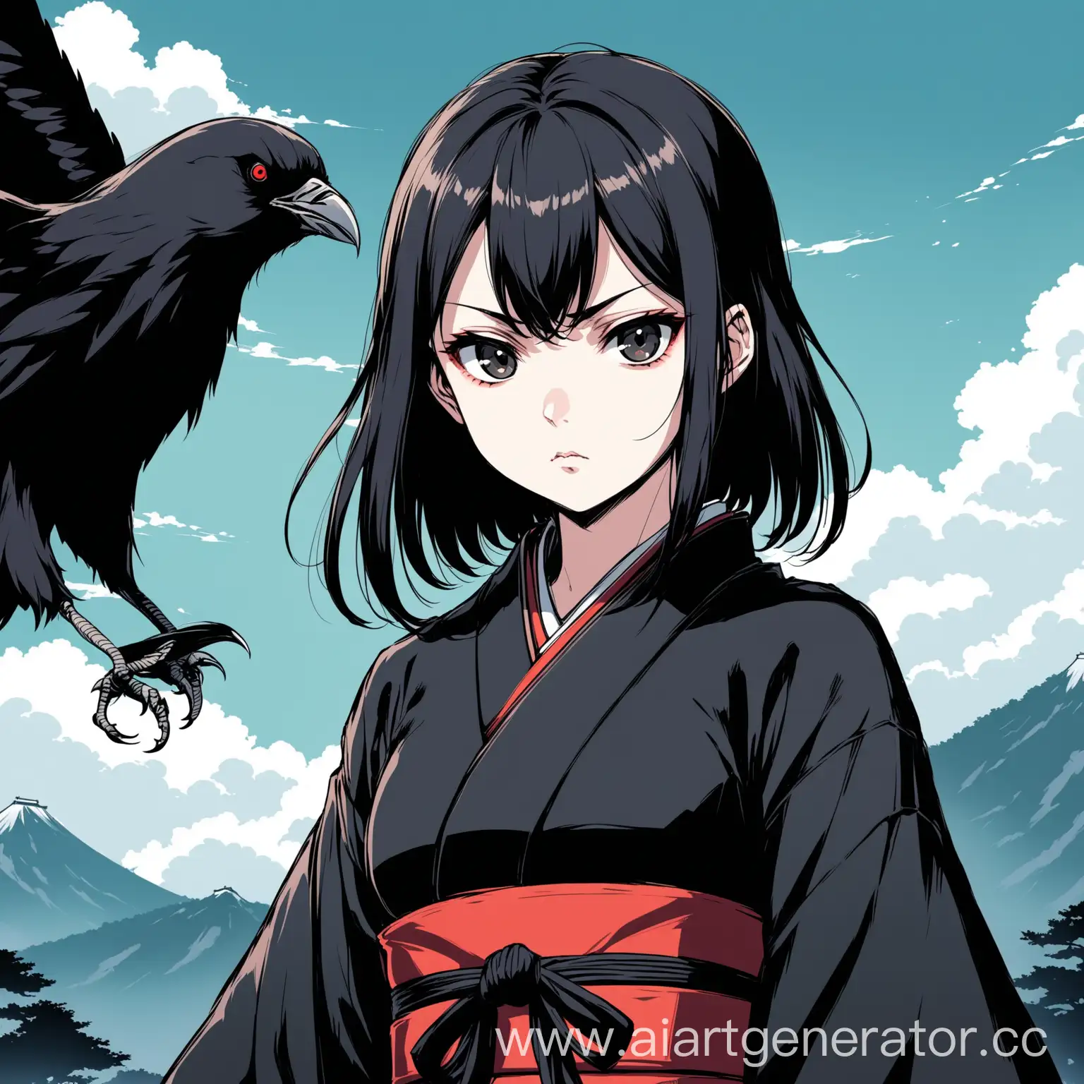 simple anime art style, one girl, middle black hair, dark eyes, pale skin, serious expression, traditional japanese outfit, the girl is a tengu, tengu, raven, sky background