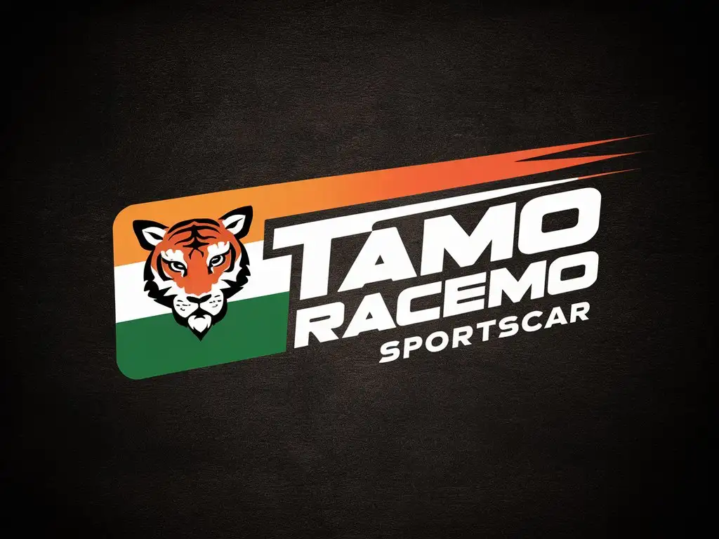 a rectangle, logo, colored in the colors of India, with writing: Tamo Racemo Sportscar