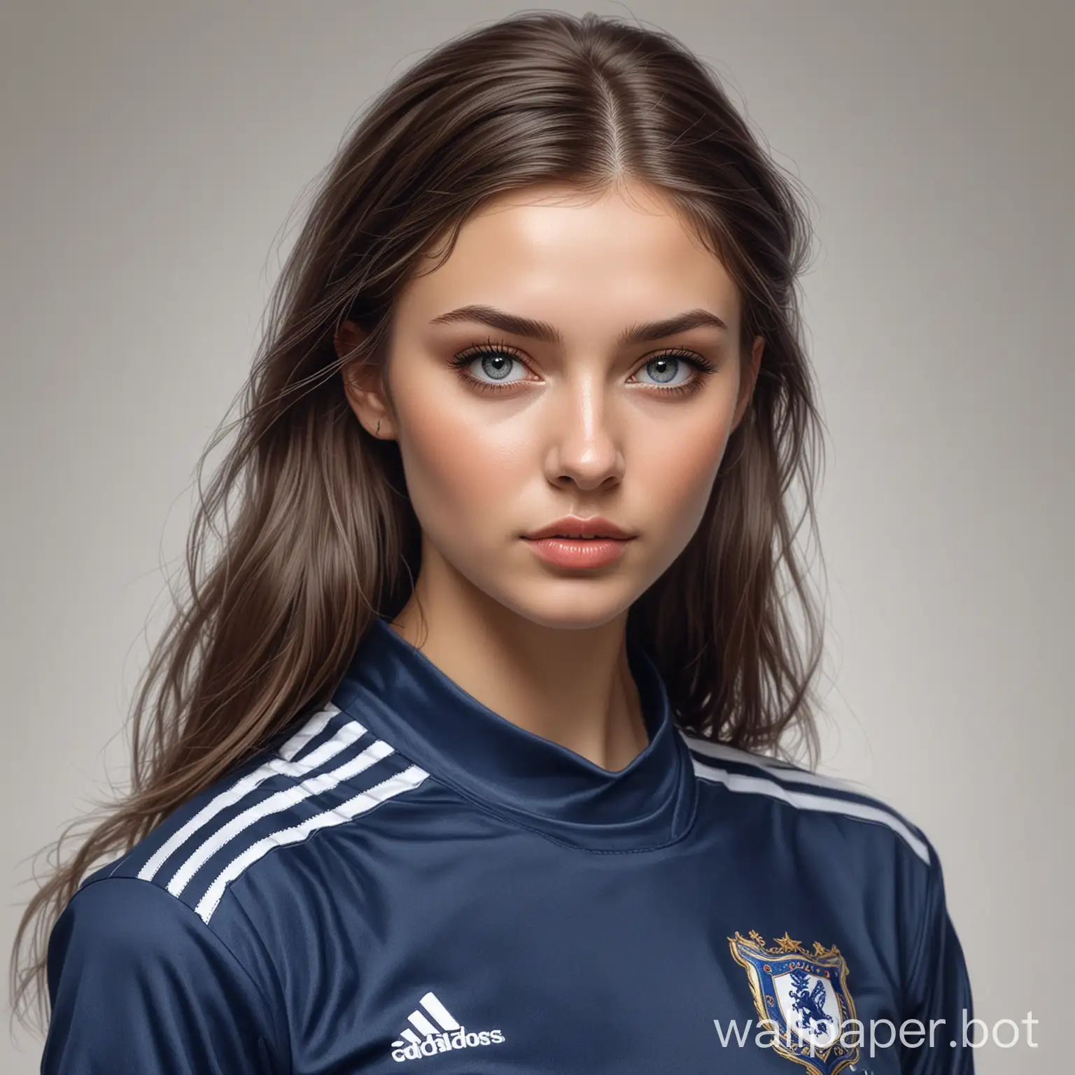 Sketch  beauty   Anna Romanova   22 years old dark hair 4th size breasts narrow waist in dark blue soccer uniform white background highly realistic masterpiece drawing with liner  portrait 16K