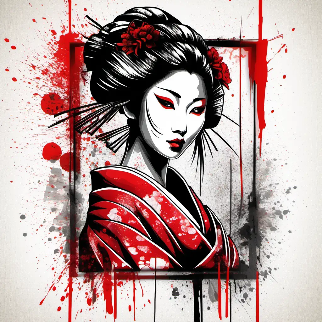 Elegant Geisha in Glass with Red and Black Ink Splash