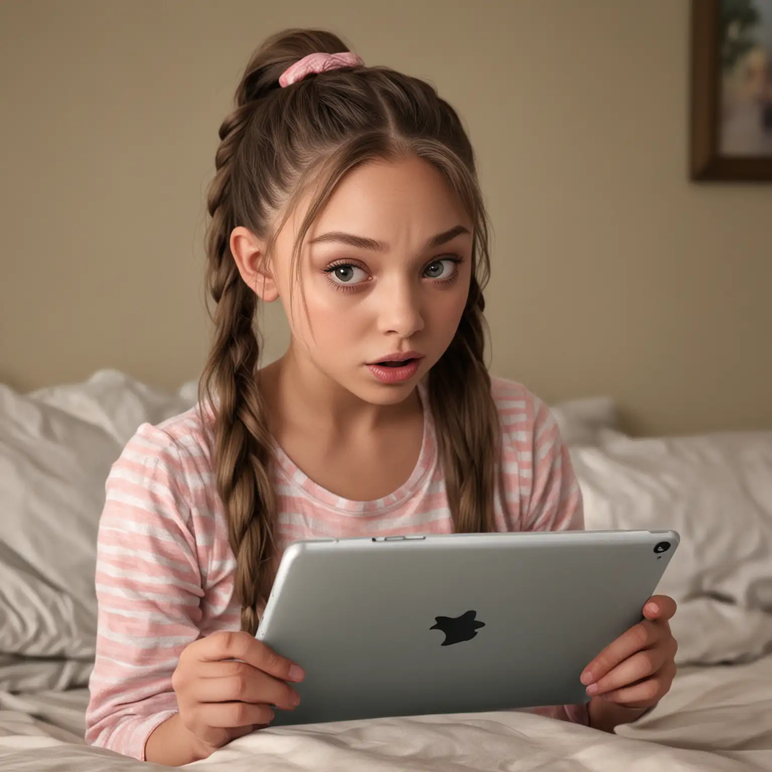 Photorealistic, maddie ziegler, young, petite, pigtails, in a bedroom, watching a video on an ipad, shocked 