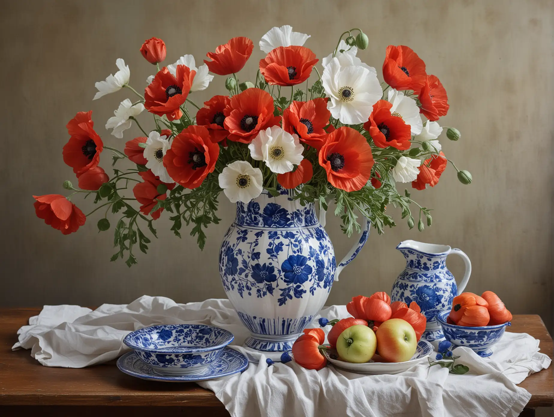 a still life painting of red and white poppies, in ONE  blue and white pitcher, with fruit in a footed compote and other pieces of blue and white on a large table.