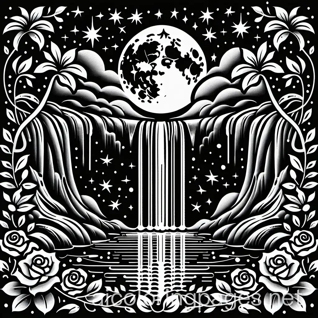inverted  reverse mirror image waterfall under dark night sky with stars roses vines orchids and beautiful  details , Coloring Page, black and white, line art, white background, Simplicity, Ample White Space. The background of the coloring page is plain white to make it easy for young children to color within the lines. The outlines of all the subjects are easy to distinguish, making it simple for kids to color without too much difficulty