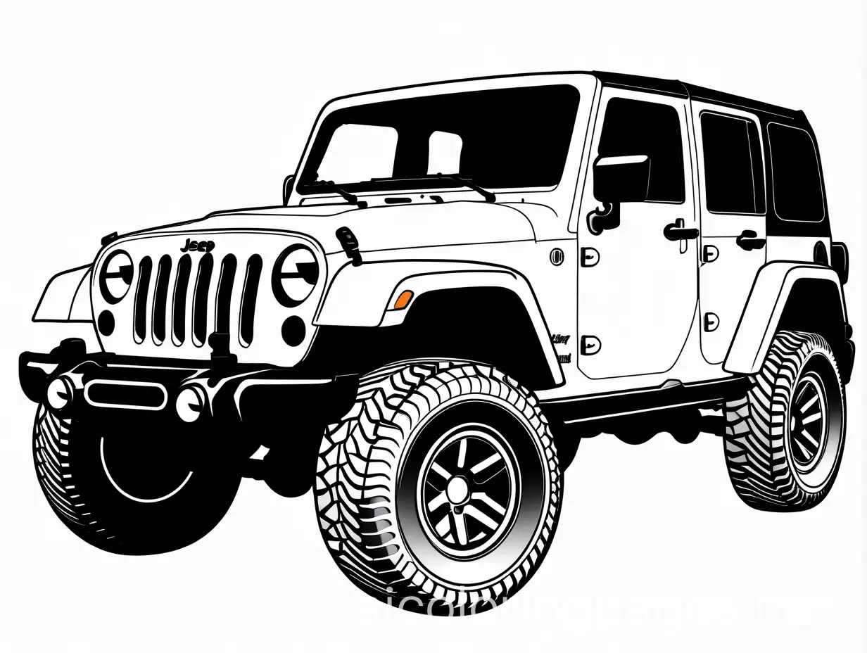 modified Jeep Wranglers coloring page, Coloring Page, black and white, line art, white background, Simplicity, Ample White Space. The background of the coloring page is plain white to make it easy for young children to color within the lines. The outlines of all the subjects are easy to distinguish, making it simple for kids to color without too much difficulty