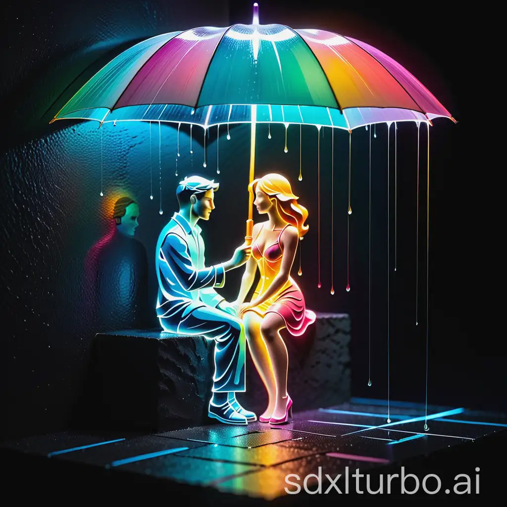Crystal lighting effect colorful small stome made of The lighting is combined with the human-shaped bunchy layer of fretsaw , and the shape of a kind and tender scene of a man who accidentally brings an umbrella to a girl who is sitting sadly in the rain is intricately created with the thin lines of light.background the gloosy black wall.