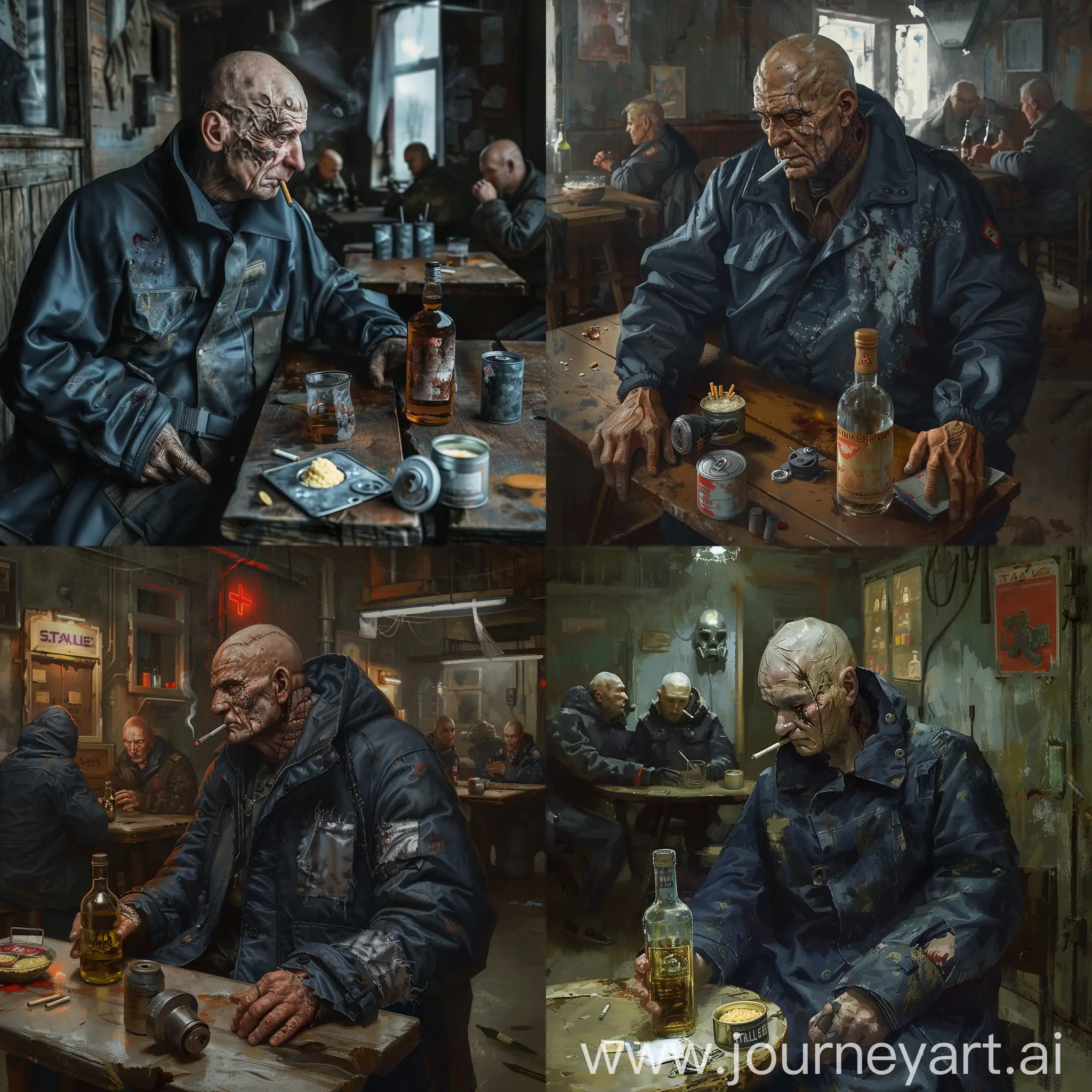 A mercenary from the universe of S.T.A.L.K.E.R, a mercenary dressed in a dark blue military raincoat, a gray military discharge on his body, a bald, mature man of 30 years, many scars on his face, a mercenary sitting in a small old Soviet bar at a separate table, a bottle of vodka in his hand, a cigarette in his mouth, on the table where the mercenary is sitting is laid out: one gas mask, one pack of cigarettes, and one open can of porridge, the bar is dimly lit, you can see several other stalkers at other tables talking to each other.