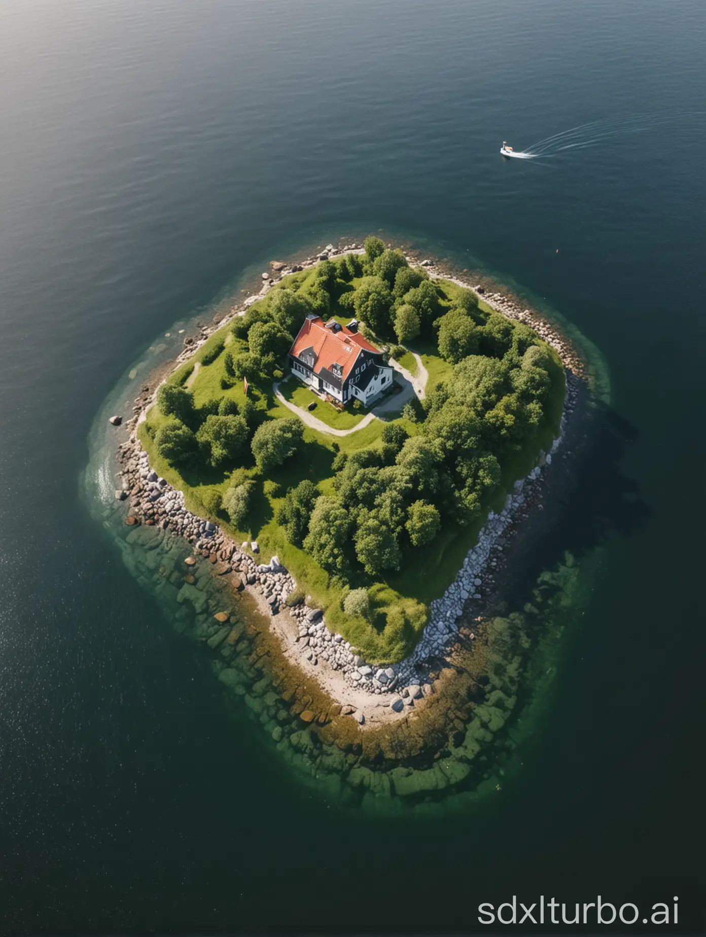 small Danish island in the Baltic Sea under a sunny sky with just one house and lush green photorealistic drone shot.