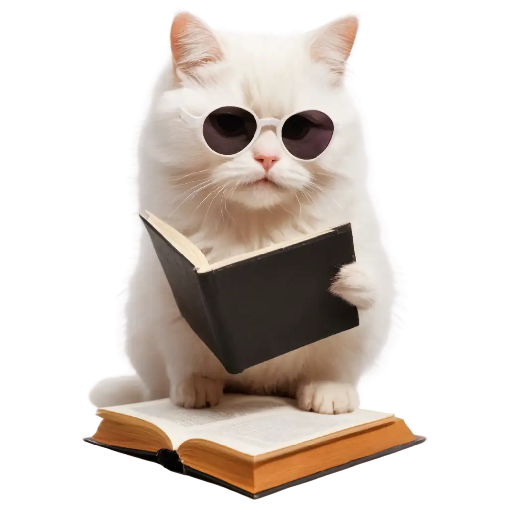 White cat writing book with sun glasses
