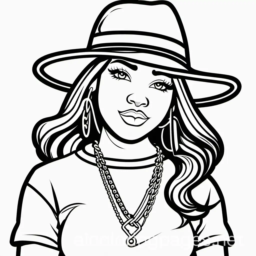 Hiphop girl with hat and gold chain
, Coloring Page, black and white, line art, white background, Simplicity, Ample White Space. The background of the coloring page is plain white to make it easy for young children to color within the lines. The outlines of all the subjects are easy to distinguish, making it simple for kids to color without too much difficulty