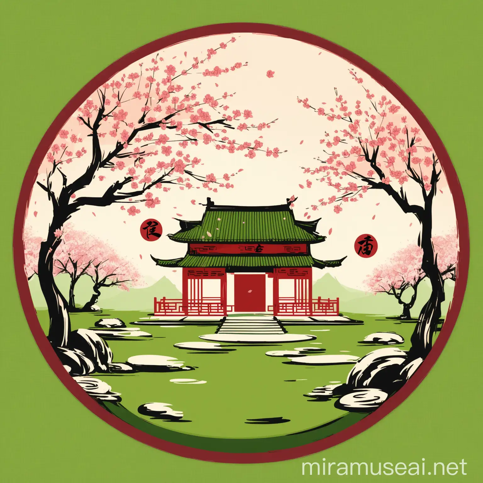 Round logo, Chinese tea house, cherry blossom trees. Green grass theme, Low detail, caligraphy strokes style