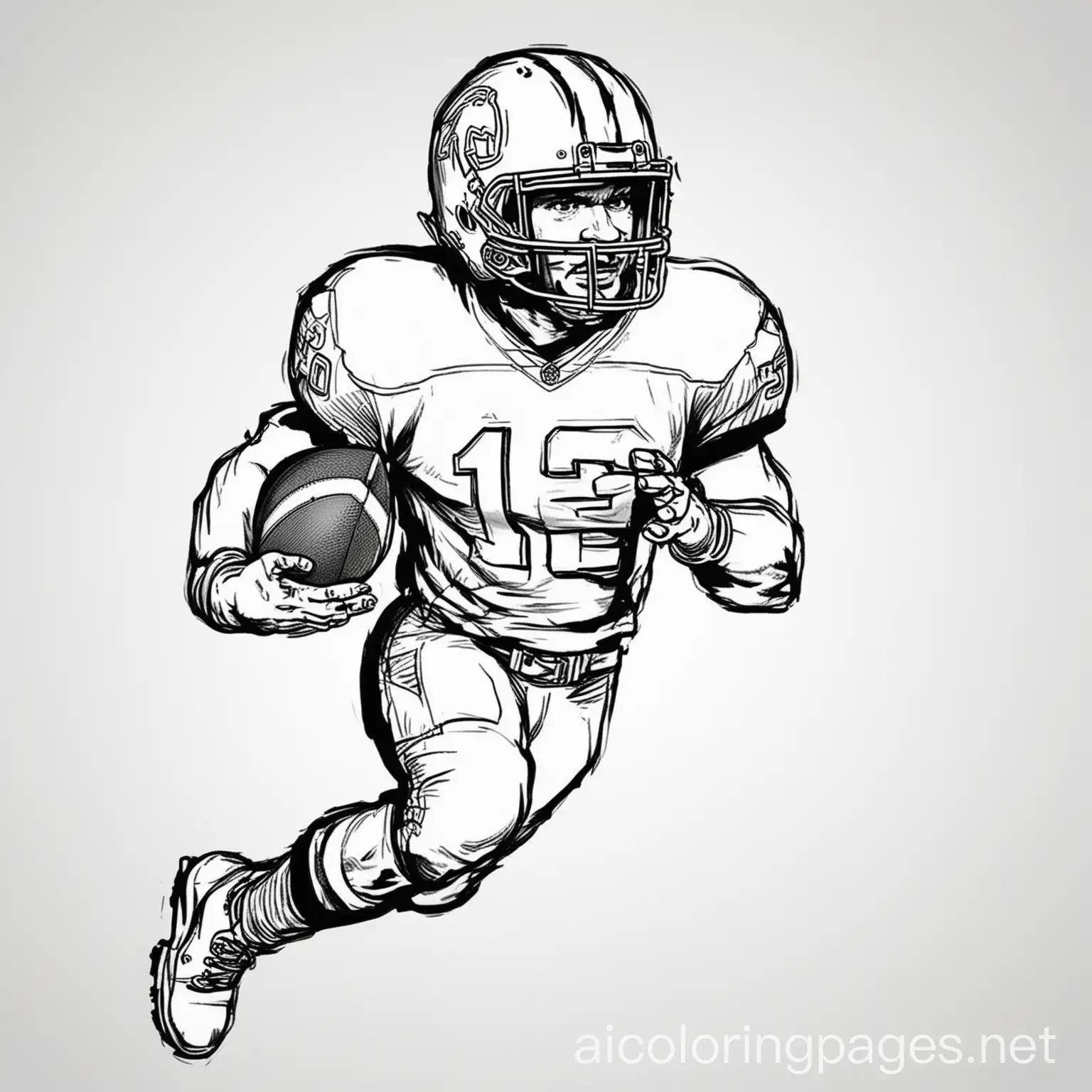 American Football Running Back coloring page for kids , Coloring Page, black and white, line art, white background, Simplicity, Ample White Space. The background of the coloring page is plain white to make it easy for young children to color within the lines. The outlines of all the subjects are easy to distinguish, making it simple for kids to color without too much difficulty