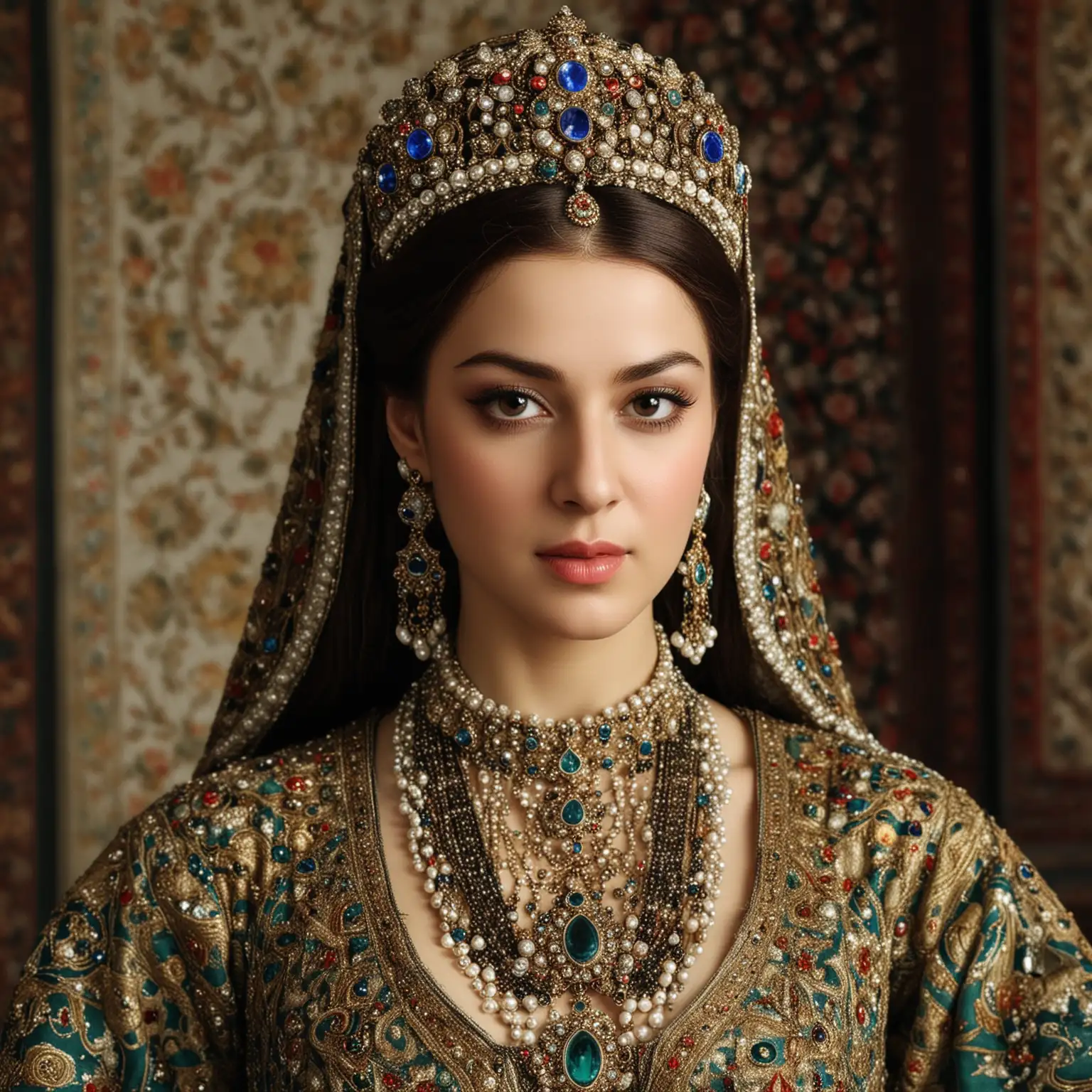 Kösem Sultan, one of the most influential women in Ottoman history, is depicted as a figure of power and sophistication. Her appearance reflects her status as a prominent figure in the Ottoman court:

Face: Kösem Sultan's face is often described as regal and commanding, with sharp features that exude authority and intelligence. Her eyes are typically depicted as piercing and expressive, conveying a sense of strength and determination. Despite the challenges she faces, Kösem Sultan maintains a dignified and composed demeanor, earning the respect and admiration of those around her.

Hair: Kösem Sultan's hair is typically portrayed as dark and lustrous, often styled in elaborate braids or adorned with jewels and accessories befitting her status. Her hair serves as a symbol of her beauty and sophistication, adding to her allure and presence in the court.

Clothing: Kösem Sultan's clothing is lavish and ornate, reflecting her position as a member of the Ottoman royal family. She is often depicted wearing richly embroidered robes, adorned with intricate patterns and embellishments that showcase her wealth and status. Her attire is always meticulously tailored and impeccably styled, emphasizing her elegance and refinement.

Overall, Kösem Sultan's appearance is that of a powerful and formidable figure, whose regal bearing and commanding presence leave a lasting impression on those around her. She is a symbol of strength, resilience, and sophistication, embodying the ideals of Ottoman royalty in both her appearance and her actions.