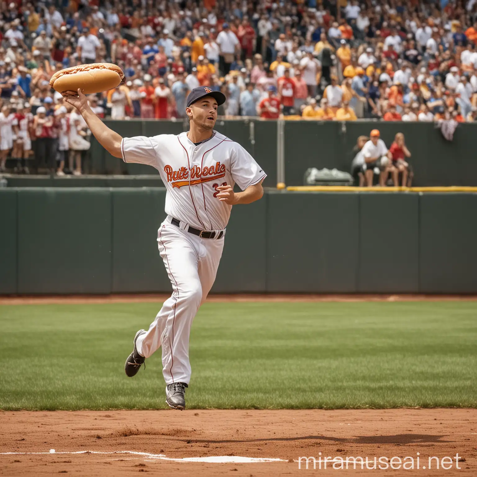 Dynamic Baseball Player Catching a Flying Hot Dog