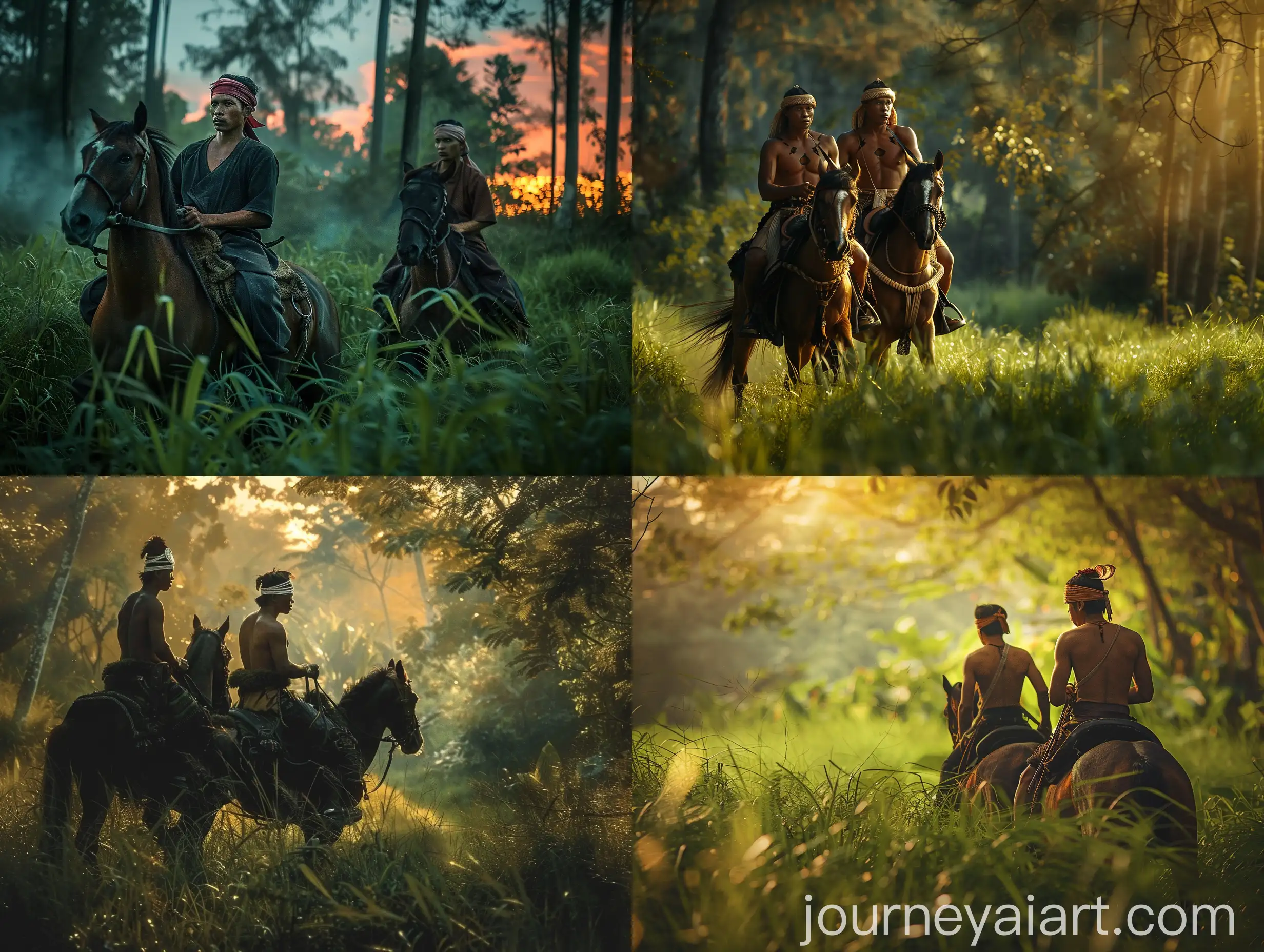 Javanese-Horsemen-Riding-through-Twilight-Forest-in-Indonesian-Kingdom