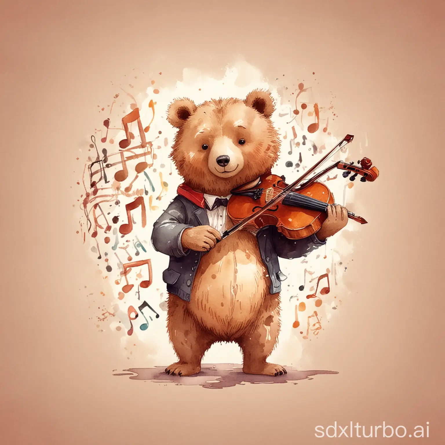 A bear playing the violin has musical notes next to it, cartoon flat watercolor style
