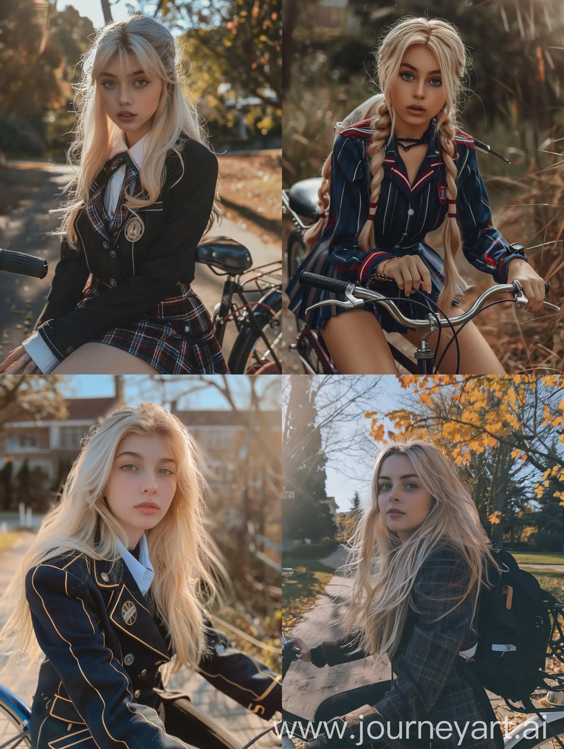 a girl, 22 years old, blonde hair, school uniform,  sitting on a bicycle, no effects, no filters, natural , iphone photo natural, 