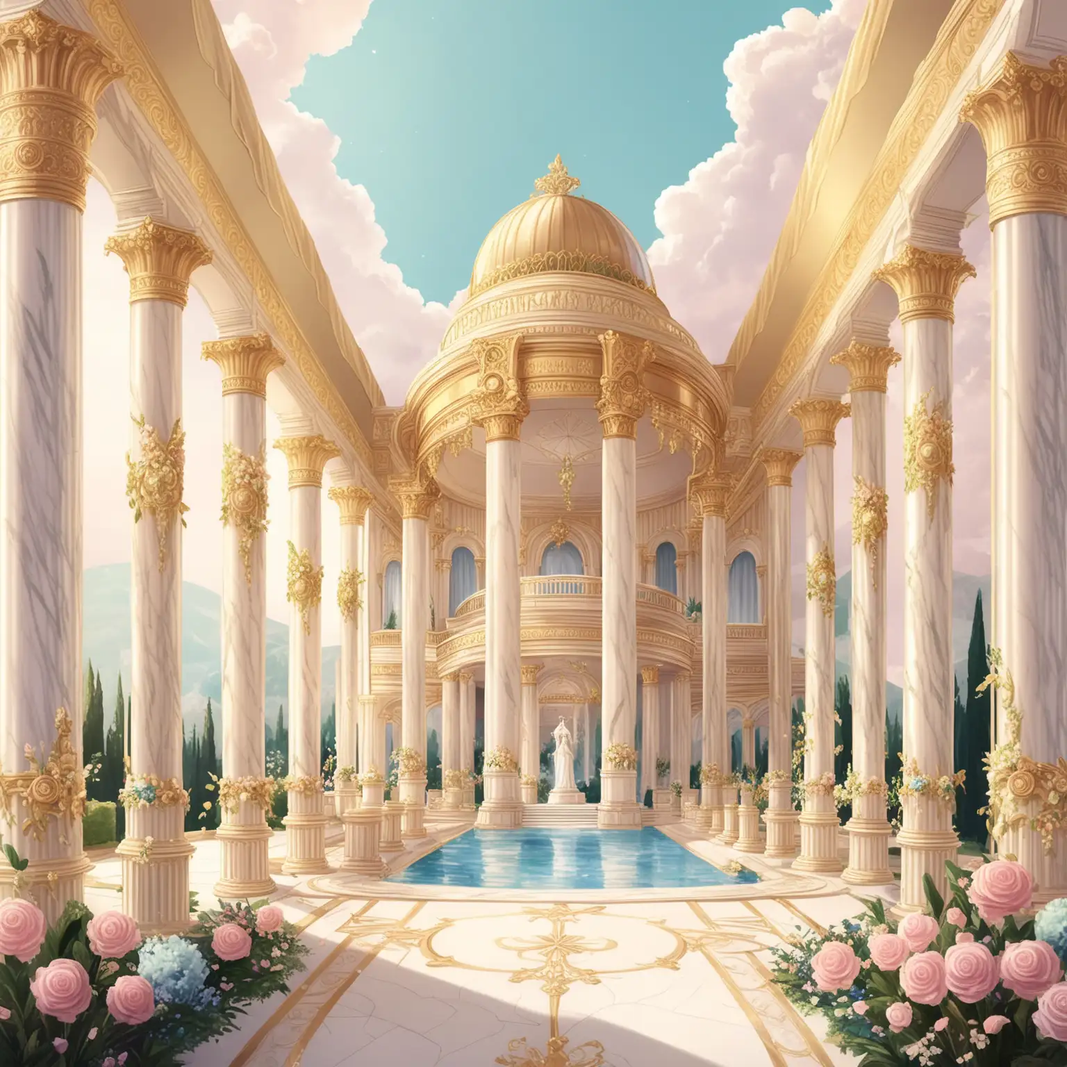 olympus palace, The grand and opulent palace where the wedding is to take place. It is adorned with marble columns, golden decorations, and beautiful gardens, in DND style, in pastel colors