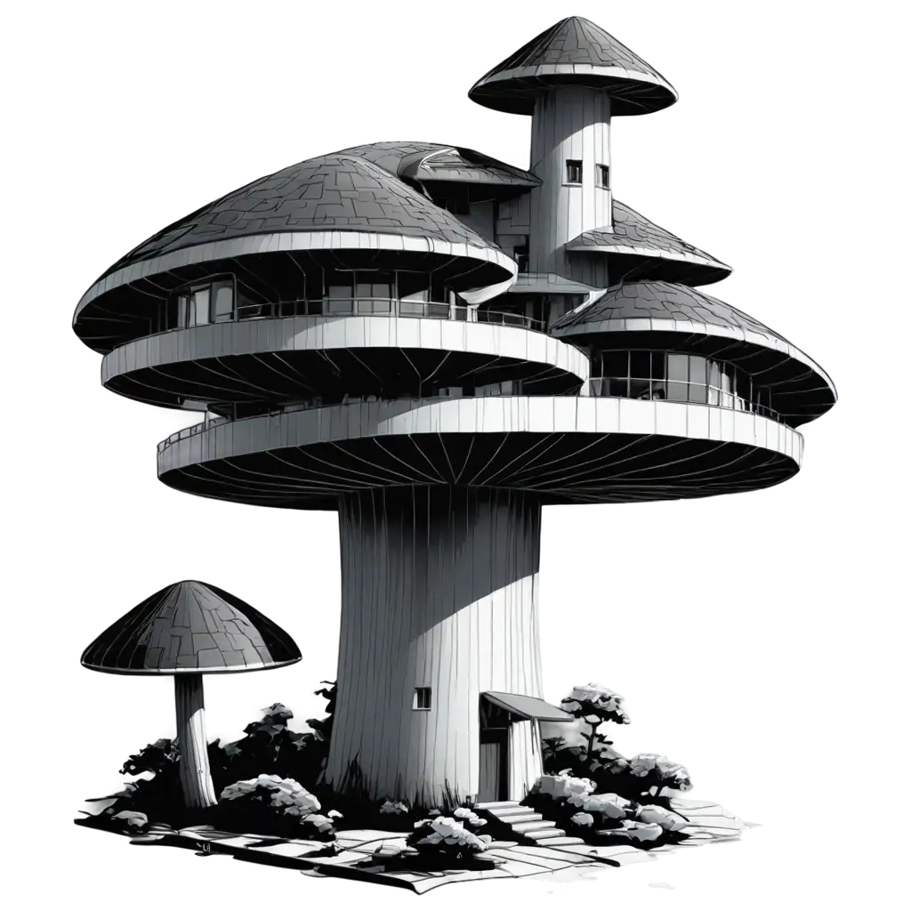 pen and ink black and white futuristic mushroom building isometric 