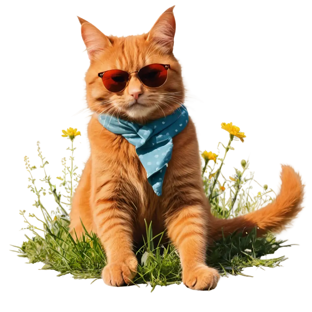 red cat lying in a meadow, on his back, putting his leg behind his leg, wearing sunglasses, sunbathing and squinting, cartoon style