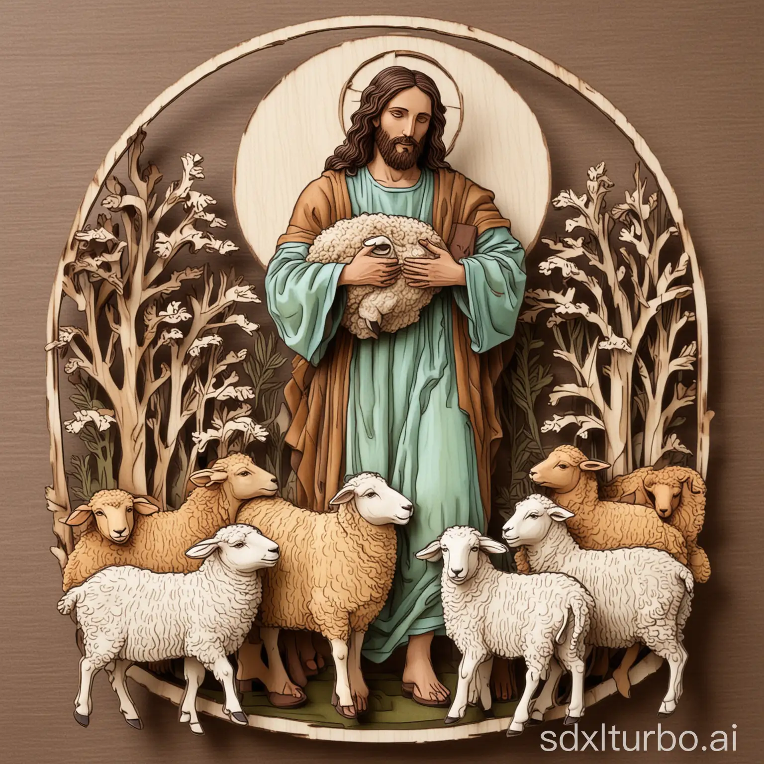 jesus, the good shepherd and hug sheep, array color, simple to laser cut