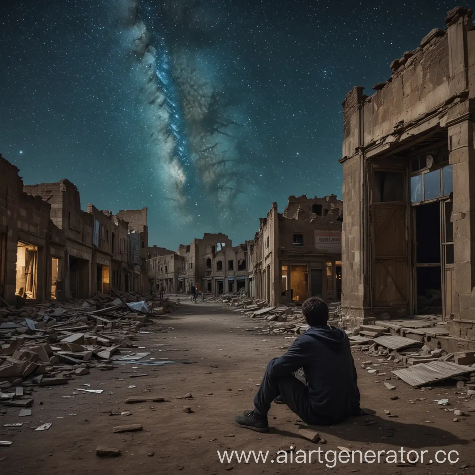 Разрушенный город в далике, человек сидит около магазина, звездное ночное небо.
