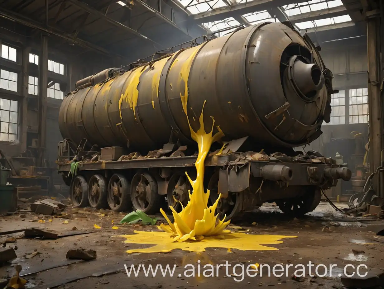 The tank from the wagon is standing in the workshop, torn apart from the explosion, sharp edges stuck out like the leaves of a tulip, and dirty yellow liquid flowed out of it, and there was smoke floating everywhere.