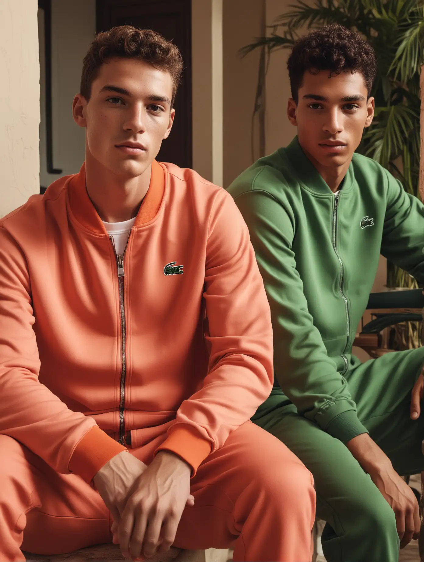 Fashion Photo Shoot with Two Male Models in Colorful Lacoste Tracksuits