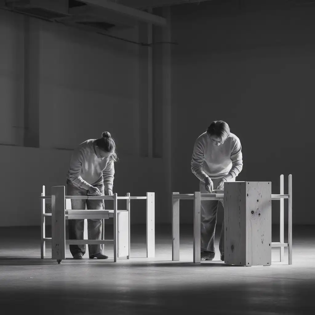 Minimalistic Image of Two Individuals Crafting Furniture in an Empty Space