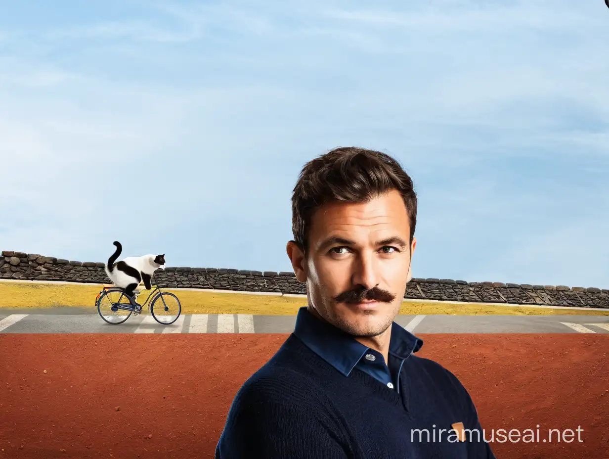 Create a scene of this man dressed in a business shirt, brown leather boots, and a navy blue sweater. He is a town planner in a medieval city, creating bike lanes next to dirt-trodden 'desire paths', with a black and white juvenile cat with a small black moustache at his side. 