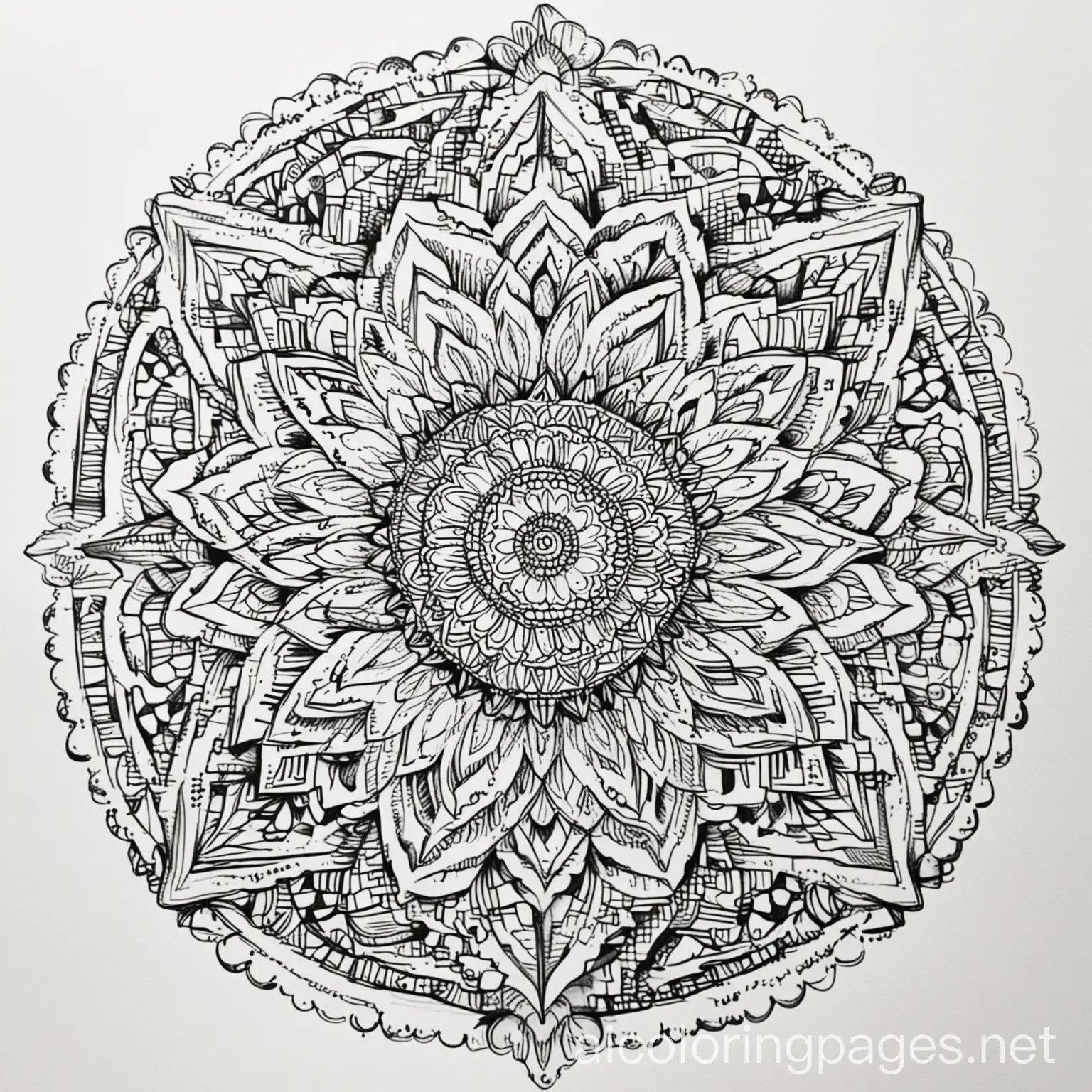 mandala art, Coloring Page, black and white, line art, white background, Simplicity, Ample White Space. The background of the coloring page is plain white to make it easy for young children to color within the lines. The outlines of all the subjects are easy to distinguish, making it simple for kids to color without too much difficulty