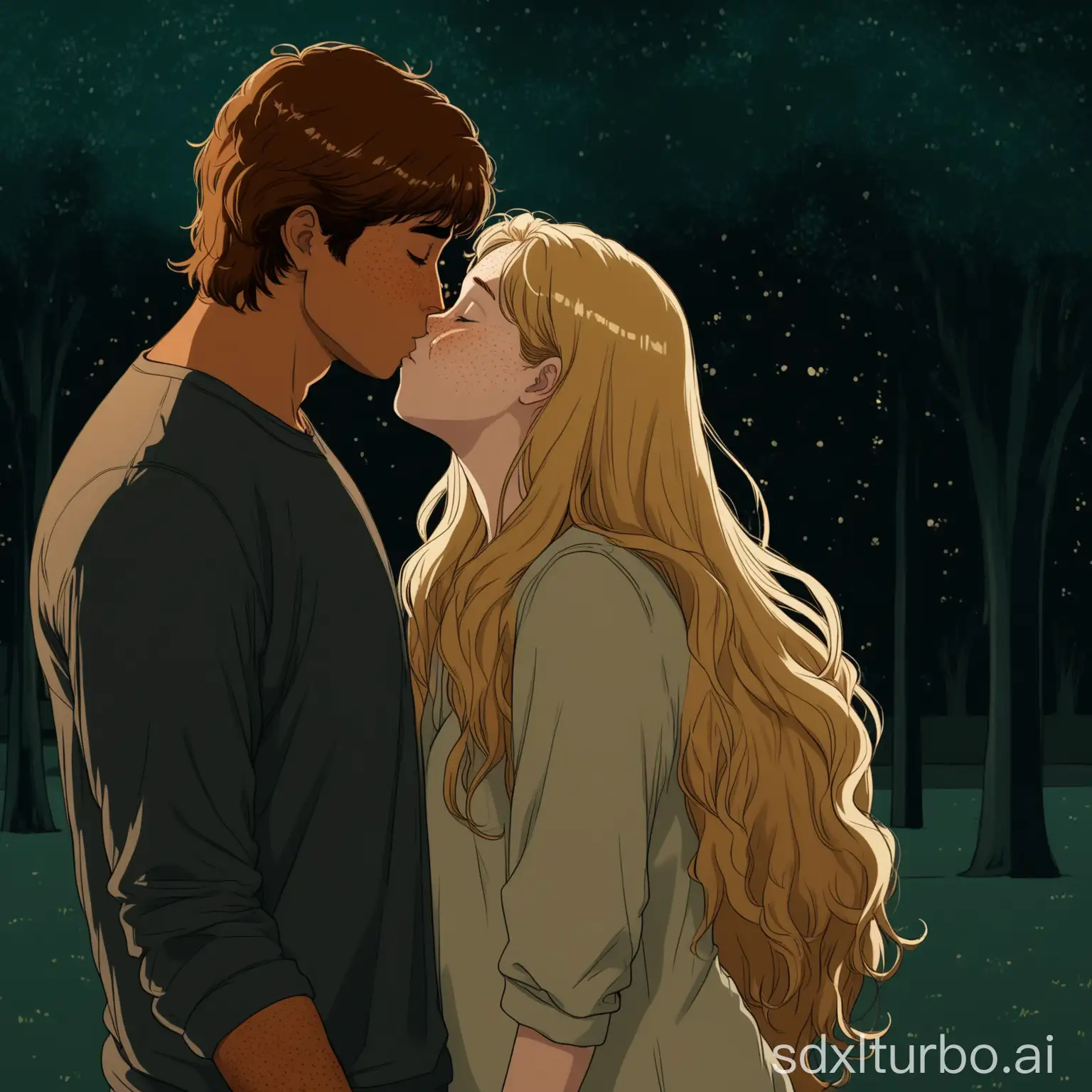 a handsome tall tanned chubby and young man, brown mullet hair kissing a low stature blonde girl with frizzy long hair and bangs, freckles, both closing eyes, in a dark park, full view