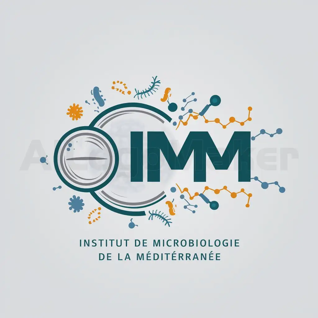 a logo design,with the text "IMM", main symbol:boite de petri, proteins, biology, chemistry, microscopy, bacteria,Minimalistic,be used in Institut de Microbiologie de la Méditerranée industry,clear background