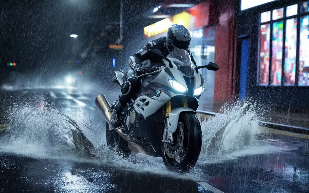 A motorcyclist, dressed in a waterproof racing suit and a streamlined helmet, rides his iconic BMW S1000RR through a torrential downpour on a slick urban road at night. The motorcycle's LED headlights pierce through the rain, illuminating the path ahead. The neon lights and store displays along the street create a kaleidoscope of colors refracted by the raindrops. As the tires skim across the puddles, they kick up towering splashes of water. The rider leans forward, embodying a unified posture with his bike, his face displaying a look of intense focus and exhilaration. The entire scene is imbued with a sense of speed and adventure.