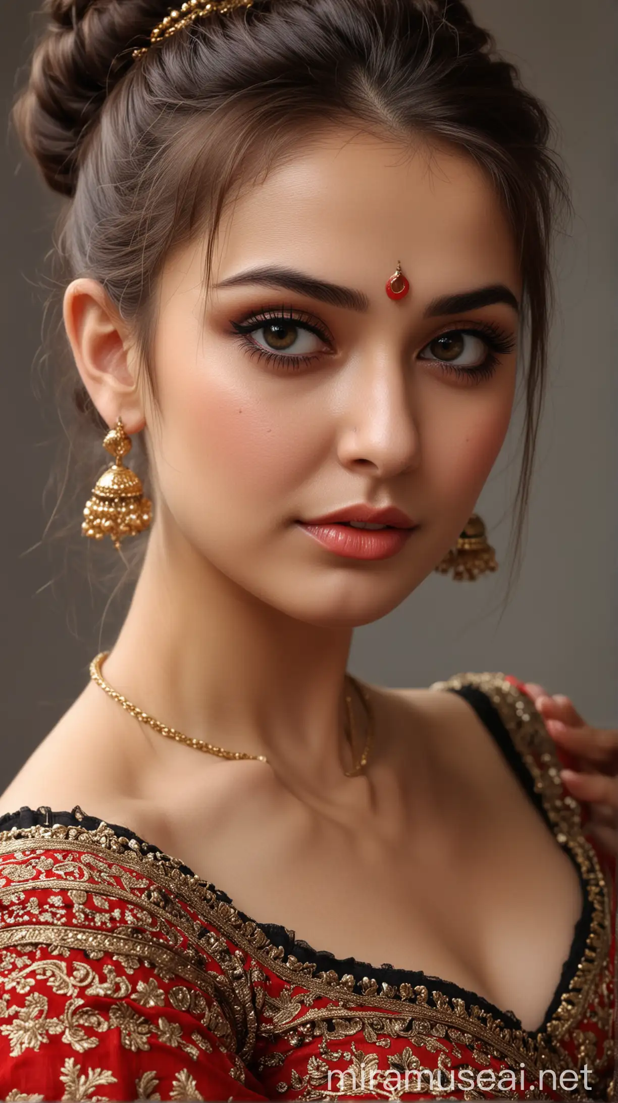 Russian beautiful girl,,extreme cute face,,Indian makeup,,bun hair style,,ultra 4k realistic photography,,medium shots photo,,bra