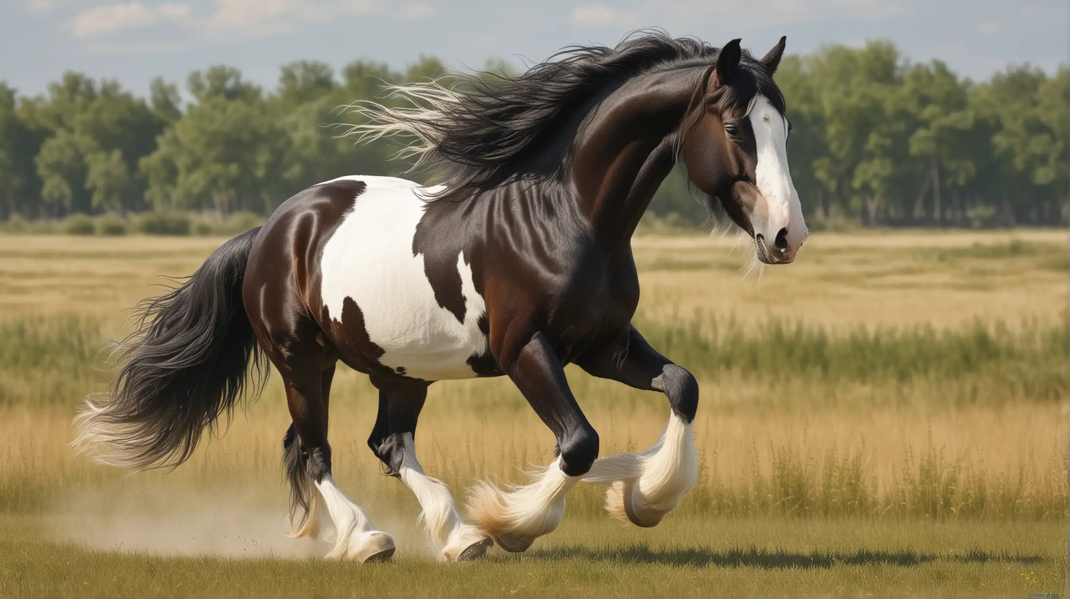 create a hyper realistic image of a running Gypsy Vanner horse, very elegant and pretty, open field background