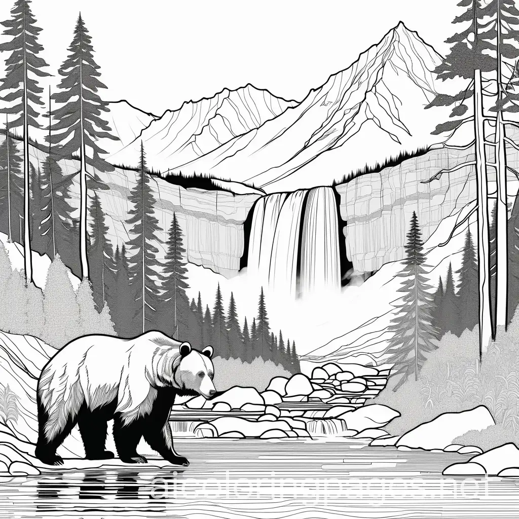 Bear wilderness mountains waterfal, Coloring Page, black and white, line art, white background, Simplicity, Ample White Space.