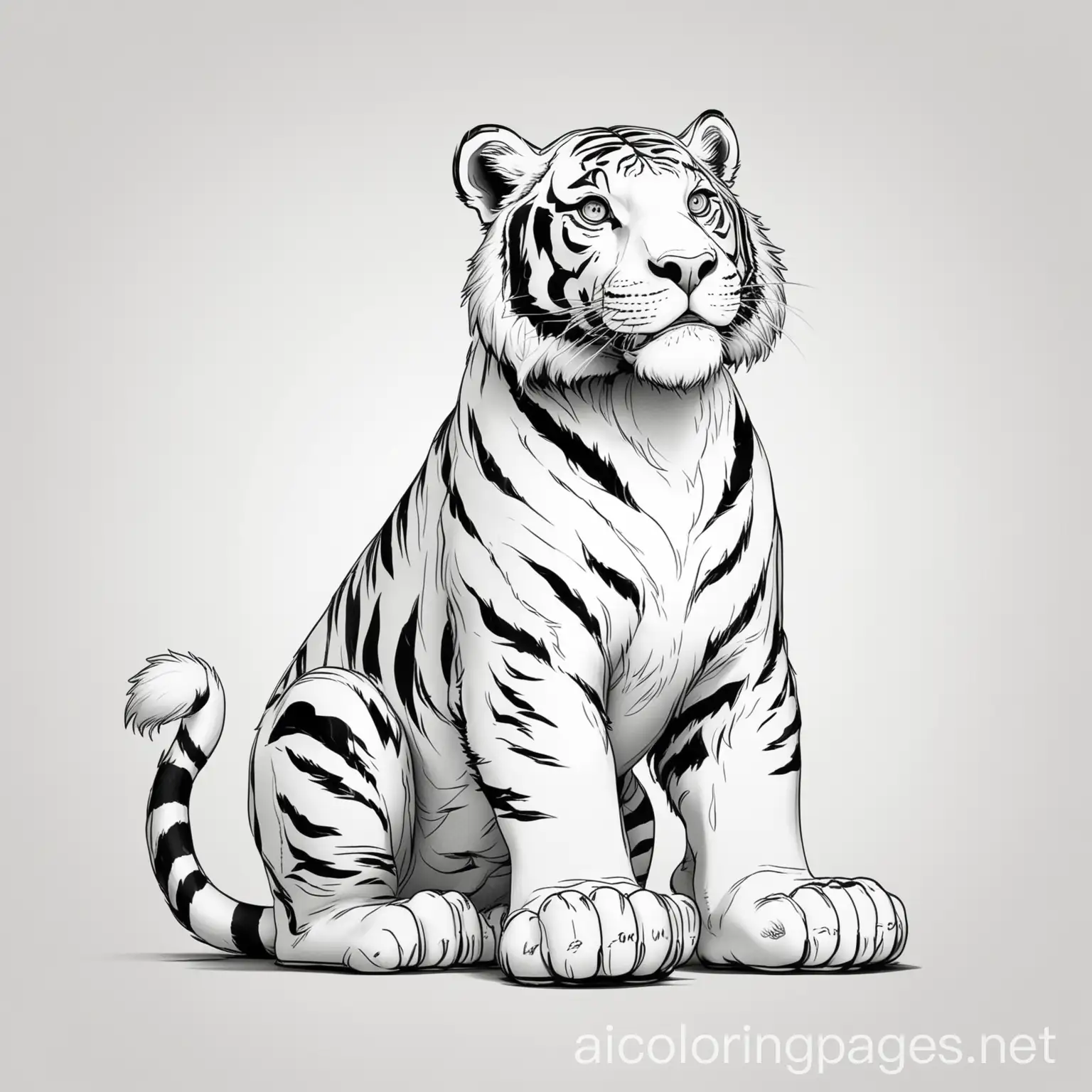 big cartoon tiger looking away two feet up coloring page black and white cartoon style, Coloring Page, black and white, line art, white background, Simplicity, Ample White Space. The background of the coloring page is plain white to make it easy for young children to color within the lines. The outlines of all the subjects are easy to distinguish, making it simple for kids to color without too much difficulty