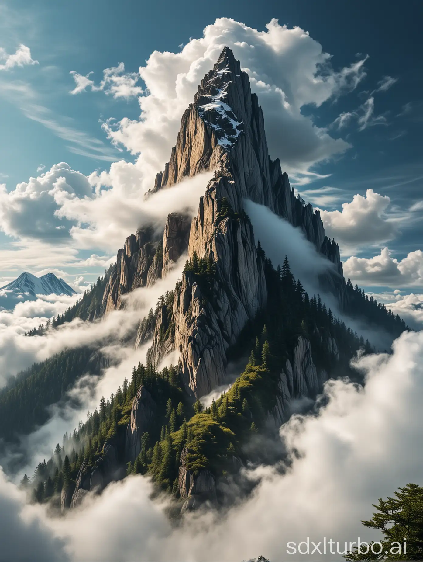 Clouds surround the mountain peak, fairyland